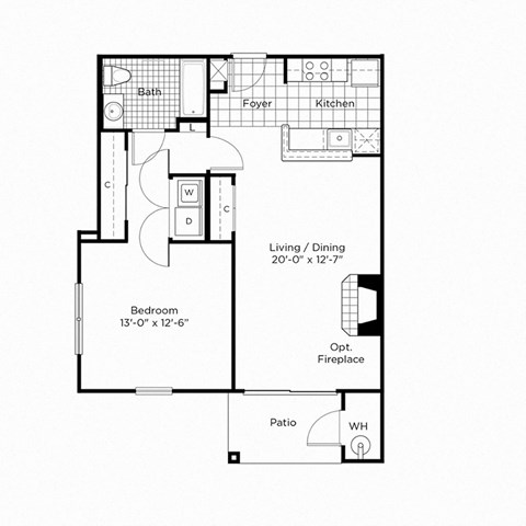 Floor plan for 1 bed, 1 bath, 752 sqft